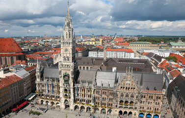 Fototapeta na wymiar Aerial view of MarienPlatz the main square and the Rathus Palace in Munich Germany