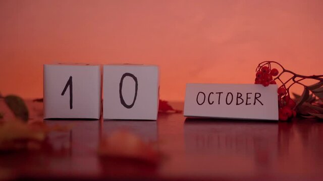 Cube calendar with an important date of October 10th with maple leaves and berries on the desk. Autumn Season. World Mental Health Day and World Day Against the Death Penalty
