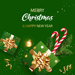 Merry Christmas and New Year banner. Green Xmas background with gifts, glitter golden confetti, branches of Christmas tree, golden ball and red Xmas candy canes. Realistic vector illustration.