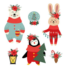 set of isolated Christmas polar bear, hare, penguin