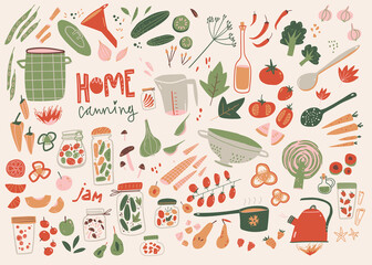 Home canning doodle collection. Food, kitchen equipment, jars, fruits and vegetables. - obrazy, fototapety, plakaty