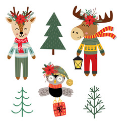 set of isolated Christmas deer, elk, owl