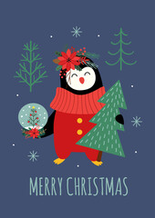Greeting card with penguin and Christmas tree