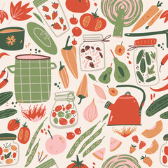 Home canning doodle seamless pattern. Food, kitchen equipment, jars, fruits and vegetables. Perfect for fabric, wallpaper or wrapping paper. - 461486862
