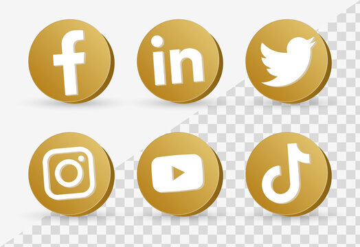 3d Social Media Logo In Modern Golden Circle Facebook, Instagram, Linkedin, Youtube, Twitter, Tiktok  In 3d Icon In Round Square- Social Networking Circle Gold Button Icon 3D Frame- Network Platforms
