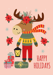 Christmas card with elk and gifts