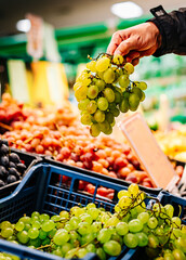 man hand holding grape in grocery store in supermarket