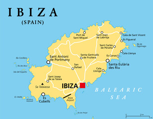Ibiza, political map. Part of the Balearic Islands, an archipelago and autonomous community of Spain in the Mediterranean Sea. Known for its nightlife and electronic dance music. Illustration. Vector.