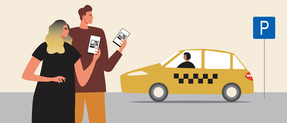 Couple near taxi, taxi order, Flat vector stock illustration with Woman taxi driver and QR code for ordering a car