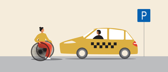 Inclusive person near taxi, flat vector stock illustration with inclusive transport and taxi car with woman driver © Vikkymir Store