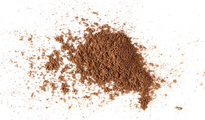 Pile ground, milled nutmeg powder isolated on white background, top view 