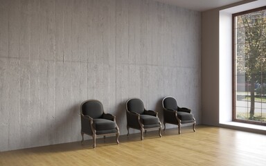 modern living room with armchair. scandinavian interior design furniture. 3D illustration, cg render