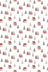 Seamless pattern with cute houses in snowy forest. Simple scandinavian style background with christmass mood for web, print, background, wallpaper, scrapbooking, wrapping paper, textile 