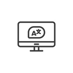 Desktop computer with speech bubble and foreign characters, letters.