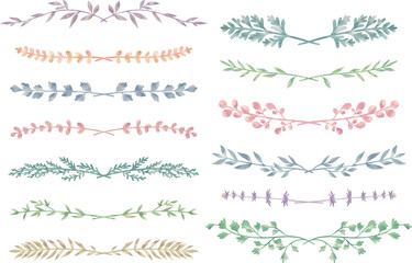 水彩風手描き　シックなカラーの植物や葉っぱのラインセット　ベクター素材