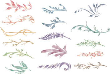 Fototapeta na wymiar 水彩風手描き　シックなカラーの植物や葉っぱのラインセット　ベクター素材