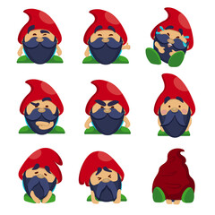 A collection of cartoon gnomes. Vector set of dwarf with different emotions