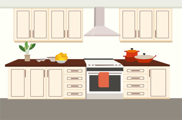 Kitchen interior witn furniture and utensils. Home cooking room with stove, hood and cabinet. Editable vector illustraion