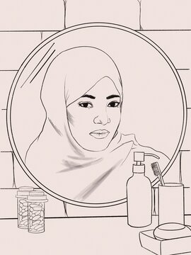 Hijabi woman looking in mirror 1