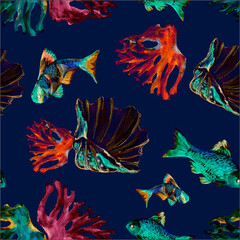 Fototapeta na wymiar Watercolor seamless pattern of ocean fish with coral on deep background.