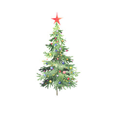 Christmas tree with colorful balls, confetti and star, watercolor holiday illustration isolated on white background, symbol winter, new year and Christmas, greeting card.