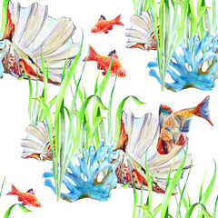 Watercolor seamless pattern of ocean fish with coral and alga.