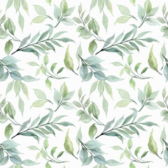 Green leaves watercolor seamless pattern