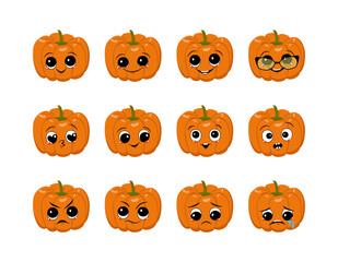 Set of cute pumpkin characters with joyful and sad emotions, face, big eyes and wide happy smile or tears. Halloween party decoration. Mischievous orange Autumn vegetable hero