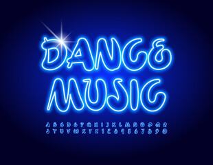Vector neon Poster Dance Music. Blue Playful Font. Modern Glowing Alphabet Letters and Numbers