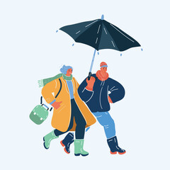 Vector illustration of couples together walk under a common umbrella