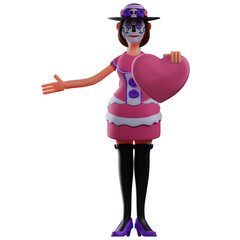 3D Sugar Skull Cartoon Character holding a big pink heart