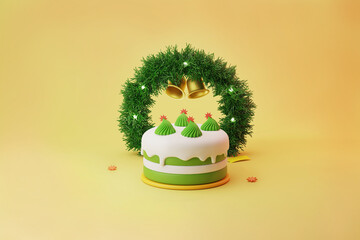 Christmas cake with green wreath and gold bells ornament 3d illustration