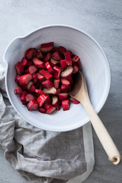 A bowl of diced rhubarb and sugar