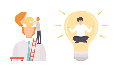 Creative Idea Searching with Business Man and Huge Light Bulb Vector Set