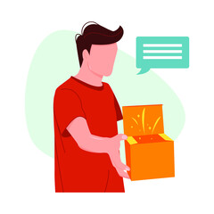 Handsome young man is holding an open box. Gift opening. Vector illustration in flat style.