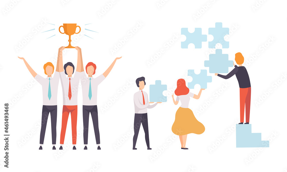 Poster office colleague working together solving puzzle and winning trophy vector set