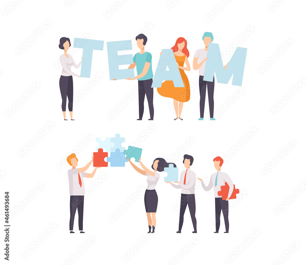Poster office colleague working together solving jigsaw puzzle vector set
