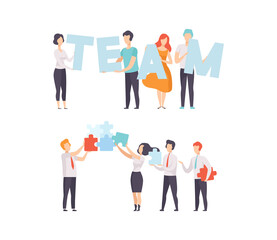 Office Colleague Working Together Solving Jigsaw Puzzle Vector Set