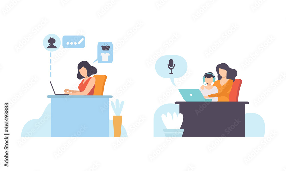 Poster people character using global network connection making purchase and educating vector set