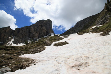Landscape of the Dolomites along the path between the Giau pass and Mount Formin