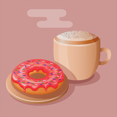 Donut with pink glaze and colored sprinkles with a cup of frothy coffee sprinkled with cinnamon