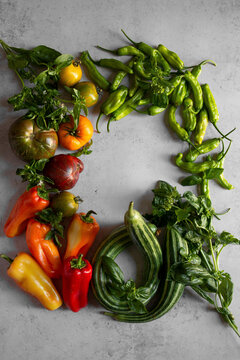 Summer peppers, tomatoes, cucumbers and basil