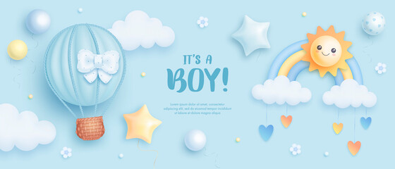 Baby shower horizontal banner with cartoon hot air balloon, rainbow, sun, helium balloons and clouds on blue background. It's a boy. Vector illustration - obrazy, fototapety, plakaty