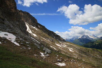 Landscape of the Dolomites along the path between the Giau pass and Mount Formin