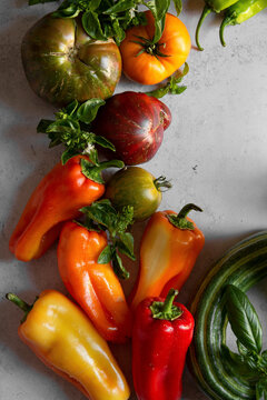 Summer peppers, tomatoes, cucumbers and basil