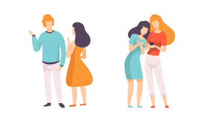 Male and Female Friend Spending Time Together Standing and Gossiping Vector Set