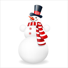 Cute snowman with scarf and tall hat, isolated.