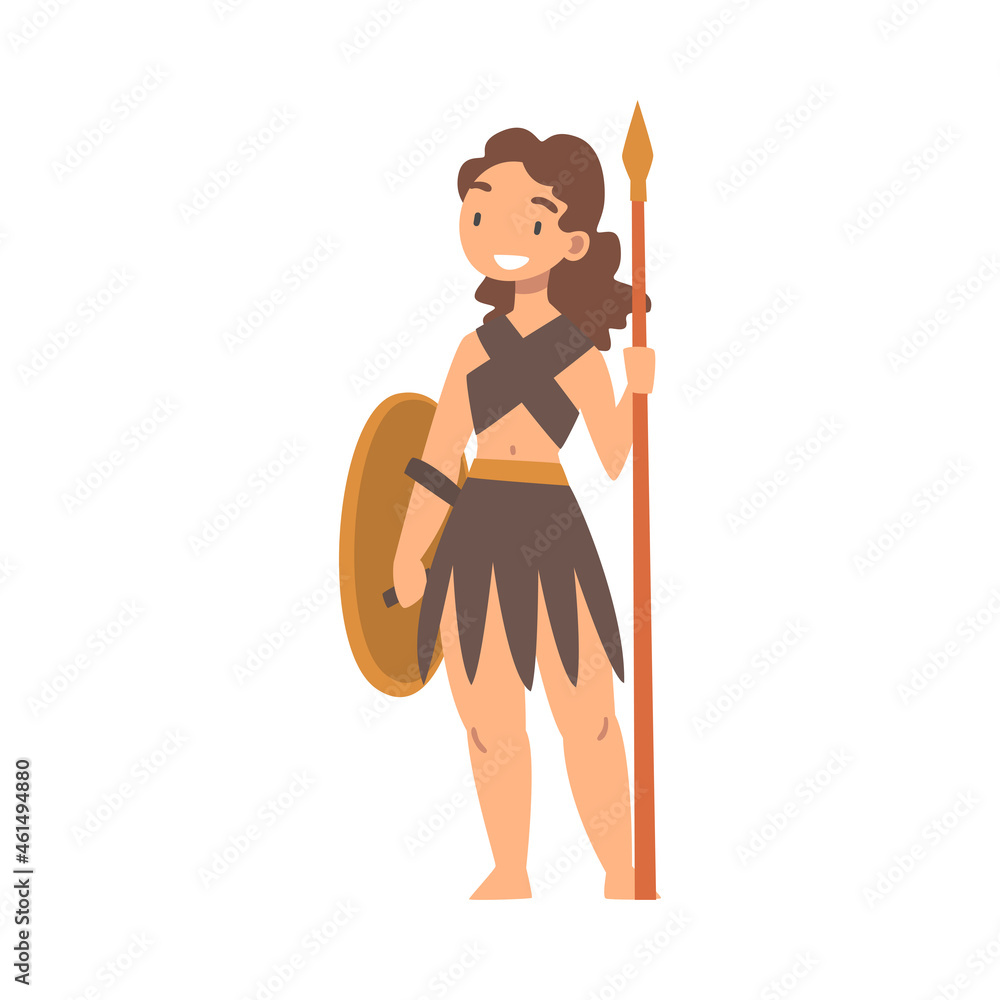 Poster greek woman warrior or gladiator holding shield and spear vector illustration