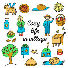 Happy life on the farm and in the village.  Set of 18 doodle elements. A house, an apple tree , an apiary, fresh bread and a basket of apples. Vector colorful doodle icons.