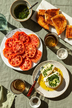 Sliced tomato on a plate and ricotta cheese,salsa dressing and bread toasts on the side